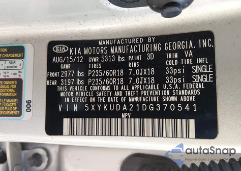 2013 Kia Sorento Ex V6 from USA, damaged, VIN 5XYKUDA21DG370541